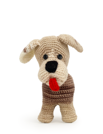 Front view of a crochet puppy doll highlighting its cute expression and button eyes.