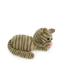 High-angle shot of the amigurumi cat highlighting the striped texture and curved tail.