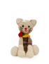 Front view of a multi-tone brown crochet cat with a yellow scarf and red rose.