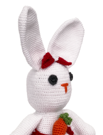 Close-up of crochet rabbit facial details and apron pocket with carrot.