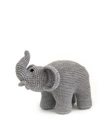 Sitting pose of a handmade grey elephant with pink feet and large floppy ears.