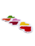 A flat lay of six heart coasters in various colors: green, orange, pink, maroon, yellow, and red.