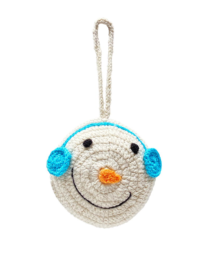 Handmade crochet snowman decoration with blue earmuffs and orange nose.