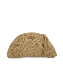 Front view of a beige handmade half-circle crochet clutch with a large tassel.