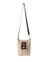 Front view of Palmyra beige linen crossbody bag with beaded motif.