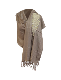 Beige Indian cashmere shawl draped on a mannequin featuring a vertical line of crochet circles.