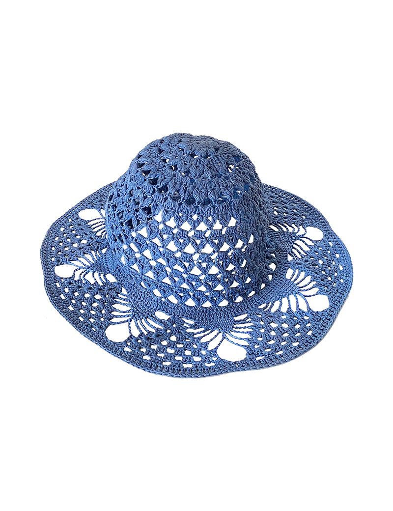Wide-brim ocean blue crochet cotton sun hat for women.