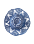 Intricate floral crochet pattern on top of a blue cotton sun hat.