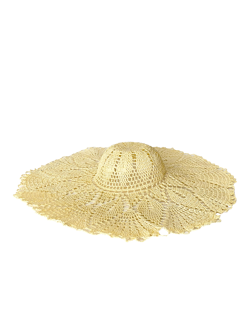 Side profile of wide-brim yellow cotton sun hat.