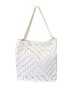 Back view of white crochet bag showing diagonal geometric stitch pattern.