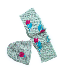 Handmade Crochet Winter Set | Pistachio Hat & Scarf with Fuschia Tulip
