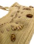 Handmade beige jute handbag featuring boho beadwork, floral details, and wooden ring handles.