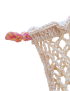 Beige cotton crochet net market bag with pink chevron handles containing oranges.