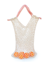 Beige cotton crochet net market bag with pink chevron handles containing oranges.