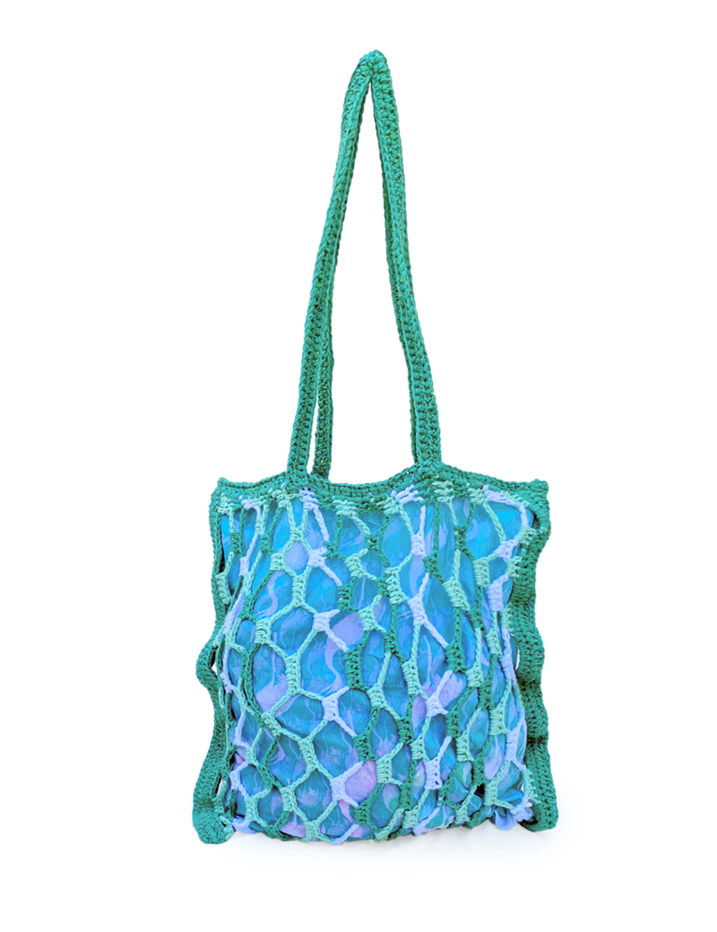 Teal and lavender mesh crochet bag with fabric lining and long shoulder straps.