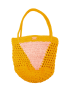 Yellow and pink crochet mesh beach bag with triangle pattern.