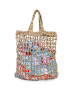 Light beige raffia mesh crochet tote bag with colorful floral inner pouch.
