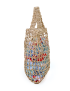 Light beige raffia mesh crochet tote bag with colorful floral inner pouch.