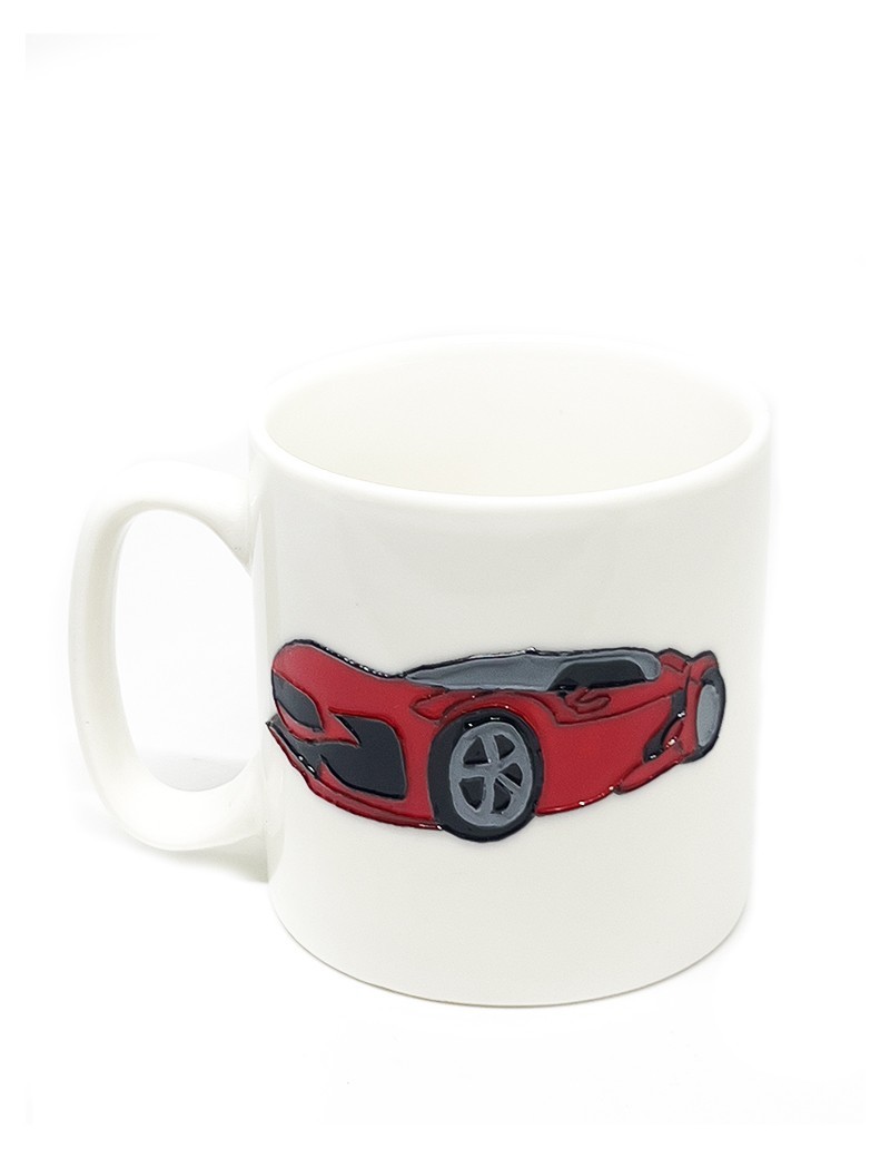White ceramic mug with a red sports car illustration.