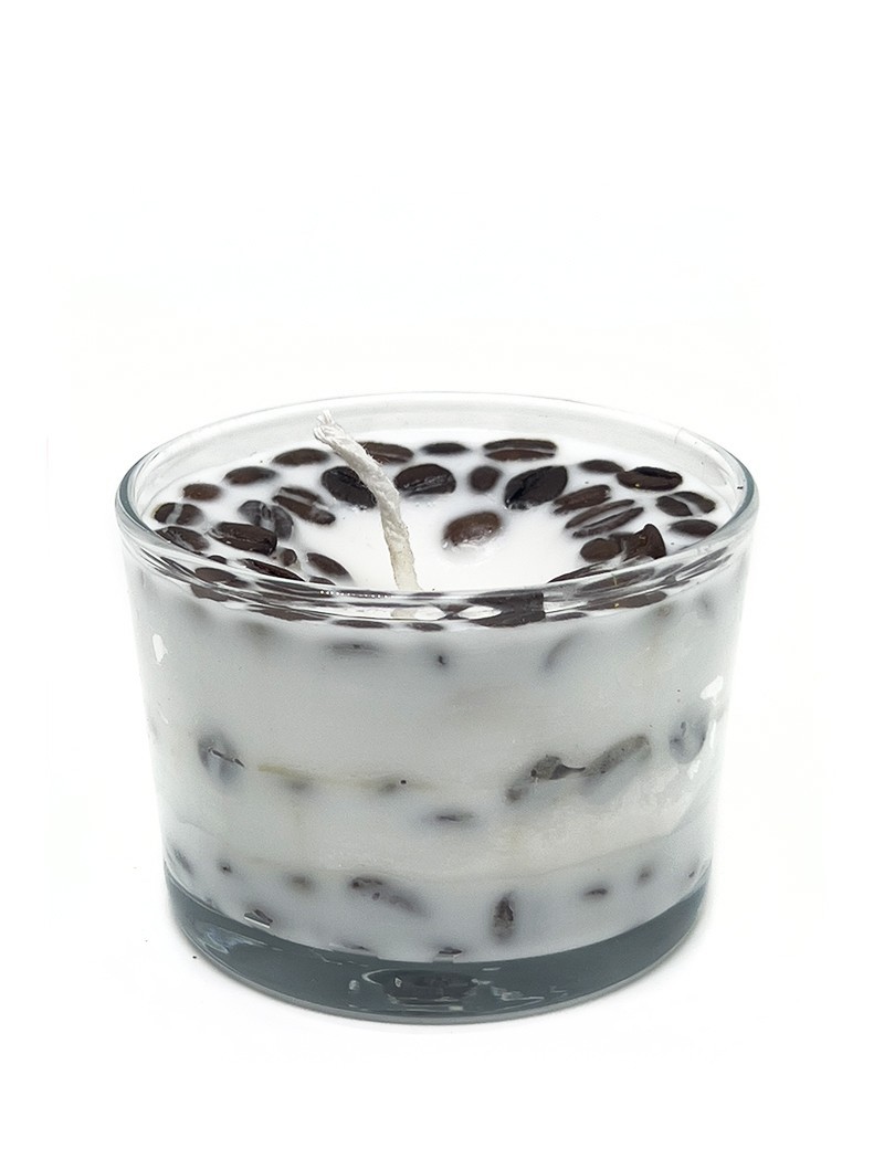 Handmade white soy candle in a glass jar decorated with whole roasted coffee beans.