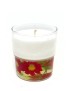 White wax candle in glass jar with pink flowers embedded in a gel base.