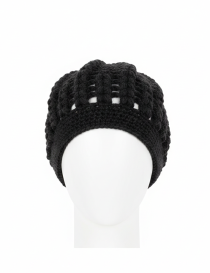 AI generated photo of handmade black crochet beanie with a thick ribbed texture displayed on a white head mannequin.