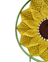 Side view of the crochet sunflower attached to a green-wrapped hoop.