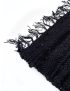 Close-up texture of woven recycled black textile and fringe detail.