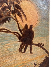 Detailed view of pyrography shading on the couple silhouette and sun.