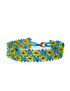 Handcrafted blue and yellow beaded bracelet fastened in a circle showing the continuous pattern.