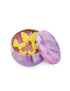 Top view of open purple marble candle tin showing yellow butterfly wax embeds and pink wax.