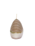 Side profile of a ribbed seashell-shaped candle showing the thick sculptural design and gold-flecked texture.