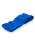 Neatly folded royal blue crochet scarf showing the thickness and layered texture of the Dakron-stuffed wool.