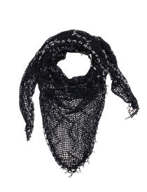 Black crochet triangle shawl with silver beads spread on white background.