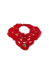 Flat lay of a dark red handmade crochet statement collar with decorative beads on a white background.