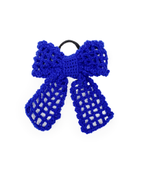 Front view of a vibrant blue crochet ribbon hair tie with open-stitch design.
