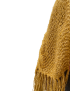 Vertical view of golden knit scarf ending in long tassels.