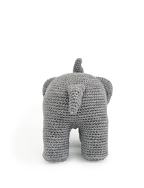 Back view of the grey amigurumi elephant showing its tail and uniform stitching.