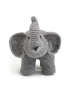 Front view of a grey crochet elephant plush with pink ears and a blue striped bow.