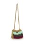 Full view of the crochet bag with long braided handles for shoulder wear.