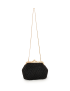 Front view of black macramé handbag with long gold chain strap.