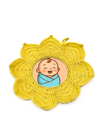 Scalloped yellow crochet yarn frame for kids room