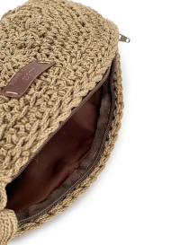 Close-up of the intricate crochet stitch patterns and "Handmade" leather label.