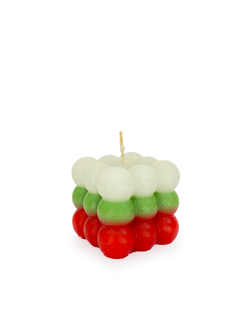 Side view of handmade 3-tier tricolor bubble candle