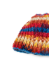 Detailed close-up of the textured stitching on a multi-colored handmade crochet hat.