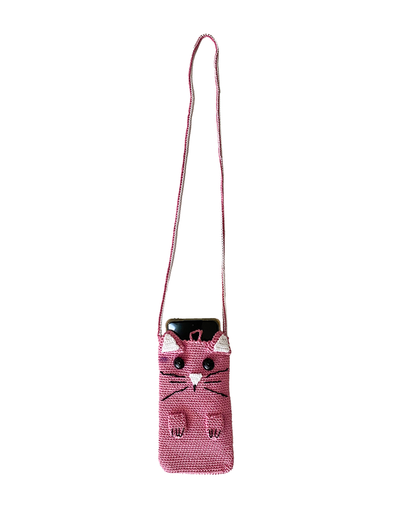 Pink kitty crochet phone bag with crossbody strap and smartphone inside.