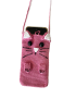 Full view of pink handmade crochet cat-themed phone pouch with long strap.