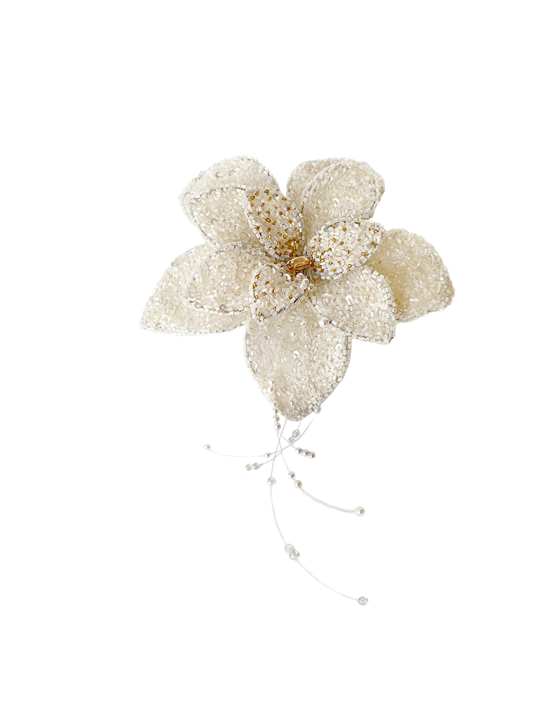Full view of the 22cm Luna Bloom white beaded flower brooch with pearl sprays.