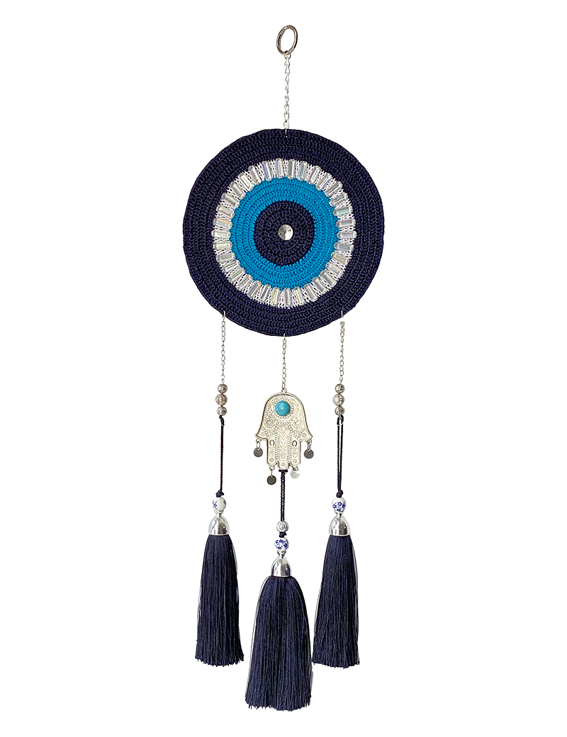 Front view of a 64cm handmade crochet Evil Eye and Hamsa wall hanging with navy tassels.