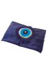 Folded navy blue pashmina highlighting the large central hand-crocheted eye.